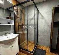 Bathroom in a studio apartment with a glass shower enclosure, sink, and floor with a wooden decor.