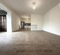 A spacious interior with large windows and wood-patterned flooring in a family house.