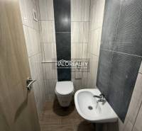 A toilet with a sink in a family house, tiled walls, floor with wooden decor.
