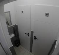 Toilets in offices, containing a sink, mirror, and doors with symbols.