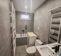 Bathroom in a 3-room apartment with a bathtub, sink, and washing machine, gray tiles.