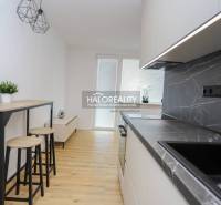 A kitchen in a studio apartment with a black countertop and a wooden decor floor.