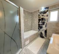 A bathroom with a bathtub and a shower in a family house with a waterfall decor.