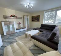 Living room in a family house with a sofa, display cabinets, and a floor with a wooden decor.