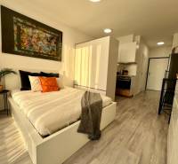 Interior of a studio apartment with a bed, kitchen, and wooden decor flooring.