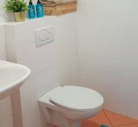 Bathroom with toilet, light tiles, and decorative details in a 3-room apartment.