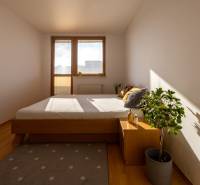 Bedroom with a bed, carpet, plant, wooden furniture, floor with wooden decor in a 3-room apartment.