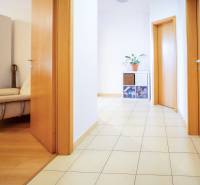 A hallway in a 3-room apartment with tiles, wooden decor, and a plant on a shelf.
