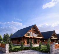 The construction of houses in Nová Lesná includes wooden cottages surrounded by greenery and paved walkways.