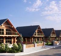 The construction of houses in Nová Lesná captures a series of wooden mountain cottages with terraces.