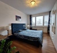 Bedroom in a 3-room apartment with wood-patterned flooring and a large window.