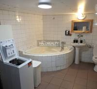 Bathroom in a family house with a bathtub, washing machine, sink, and toilet.