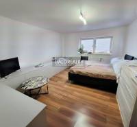 Bedroom with a bed, television, and wooden decor flooring in a family house.