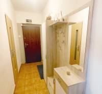 Hallway of a 3-room apartment with tiles and a coat rack with a mirror.