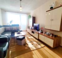 Living room in a 3-room apartment with a sofa, TV, and wooden decor flooring.