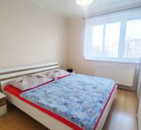 Bedroom in a 3-room apartment with a bed and wooden decor flooring.