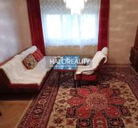 Living room with a red carpet, wooden wall unit, sofa, armchair, and cushions in a family house.