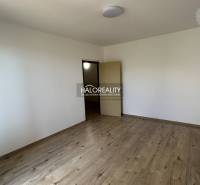 An empty room with wooden flooring in a 3-room apartment, white walls, open doors.