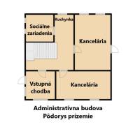 The ground floor plan of the administrative building includes an entrance hallway, a kitchenette, and offices.