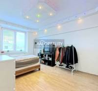 Bedroom in a 2-room apartment with a bed, wardrobe, and wooden decor flooring.