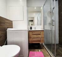 A bathroom in a 2-room apartment with a washing machine, shower cabin, and floor with wooden decor.