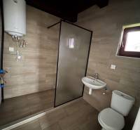 A bathroom in a cabin with a toilet, sink, and water heater, floor with a wooden decor.
