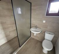 A bathroom in a cabin with a shower, sink, and toilet, floor with wood decor.