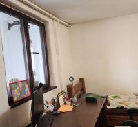 A workspace in a family house with a wooden desk, bed, and decorations.