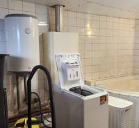 A bathroom in a family house with a washing machine, boiler, and a tiled bathtub.