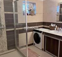 A bathroom with a spacious shower, washing machine, and sink, decorated in brown tones.