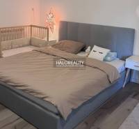 A bedroom in a 4-room apartment with a large bed, a baby crib, and a floor with a wooden decor.