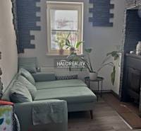 Living room with a green sofa, fireplace, and decorative stone, 4-room apartment.