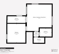 Floor plan of a vacation apartment with a kitchen, living room, and two bathrooms.