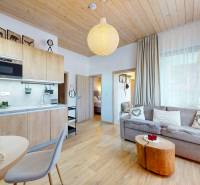Interior of a holiday apartment with wood-patterned flooring, wooden ceiling, and elegant lighting.