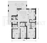 Floor plan of a family house with a large living room, kitchen, and three bedrooms.