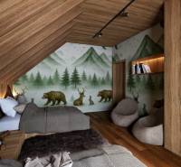 Interior with a forest theme, wooden decor flooring, comfortable relaxation area.