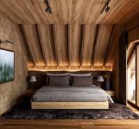 Bedroom with wood-patterned flooring, large window, and comfortable bed, Home construction.