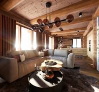 Rustic living space with a fireplace and wood-patterned flooring in a house under construction.