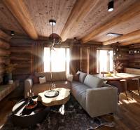 Interior with a comfortable sofa, wooden ceiling, and floor with a wood decor. House construction.