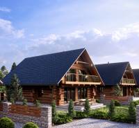 Construction of houses in Nová Lesná with wooden elements and stone fences.