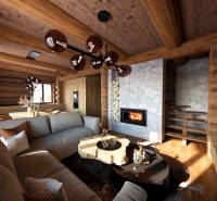Interior with a fireplace, wooden-patterned flooring, a comfortable sofa, and an unconventional table.