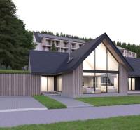 Modern architecture at development plots in Tajov, surrounded by a wooded environment.
