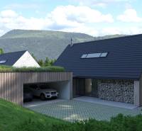 Modern architecture of a house with wooden cladding in the picturesque setting of development plots in Tajov.