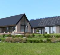Visualization of a low-energy house on development plots with clean lines and solar panels in Tajov.
