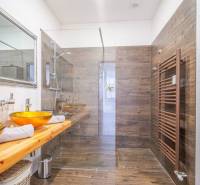 Bathroom with a spacious shower, a sink on a wooden countertop, and a floor with a wooden decor.