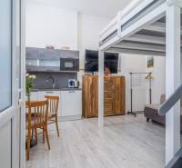 Kitchen and living room with a sofa, bunk bed, wooden furniture on Hviezdoslavova Street.