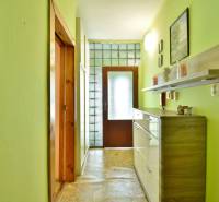 Green hallway in a family house with a chest of drawers and a shelf, floor with wooden decor.