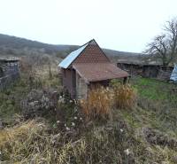 A cottage and overgrown vineyard terrain in Nána with hilly landscape in the background.