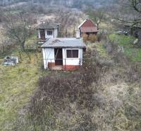 Overgrown vineyards in Nán with two small houses and a hill in the background.
