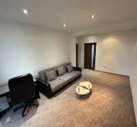 Living room with a sofa and a table in a 2-room apartment, with a carpet on the floor.